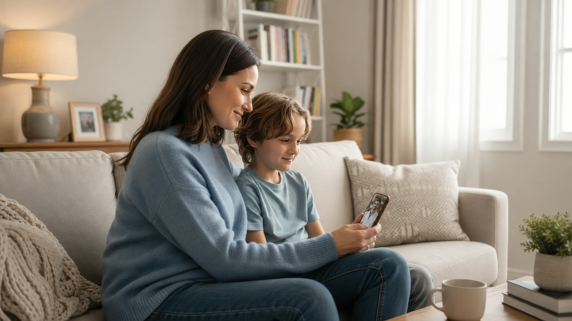 A mother and her child speaking with a doctor by video call